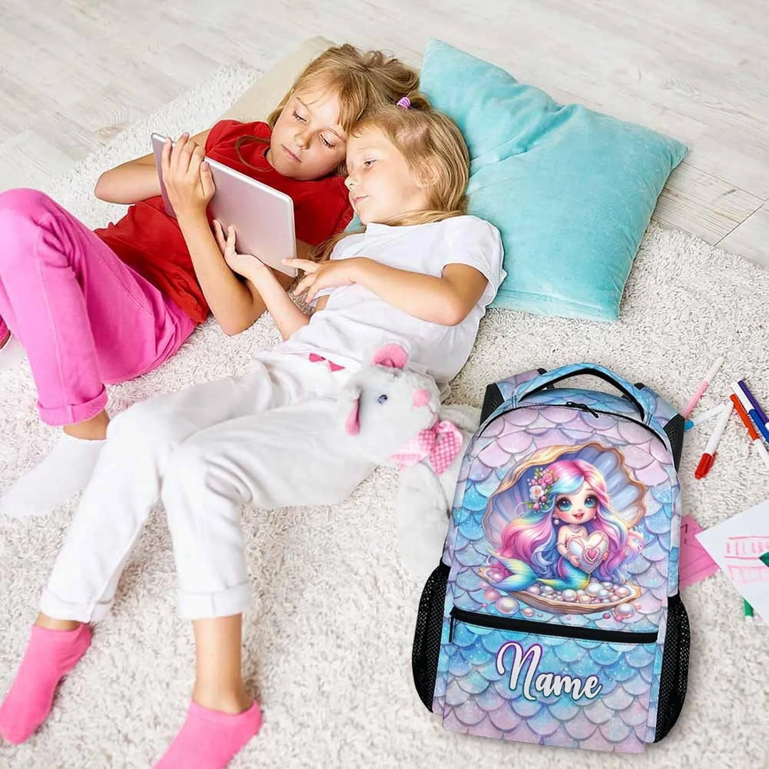 Kids School Backpacks, Custom Mermaids Backpack, Mermaid Gift, 17 Inch Personalized Cute Girls Bookbags for Elementary Kindergarten School Travel Picnic