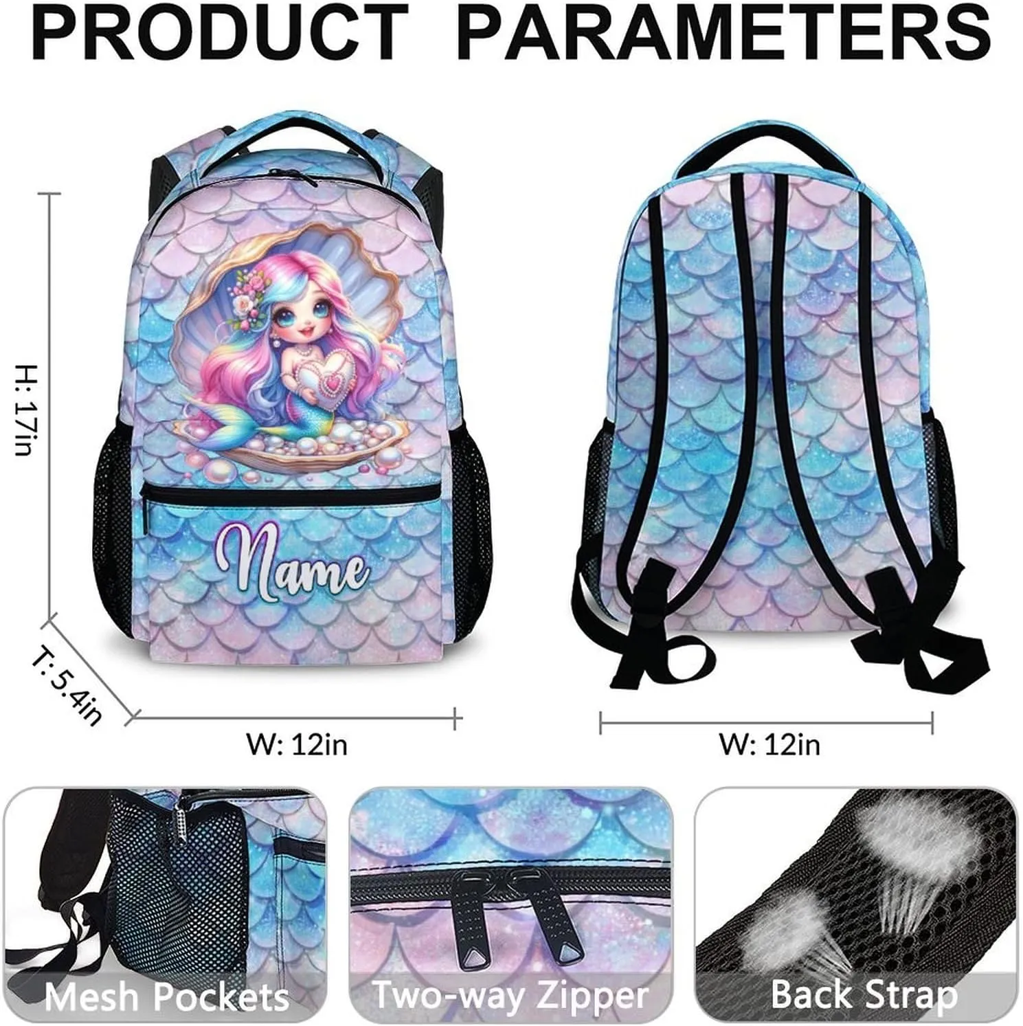 Kids School Backpacks, Custom Mermaids Backpack, Mermaid Gift, 17 Inch Personalized Cute Girls Bookbags for Elementary Kindergarten School Travel Picnic
