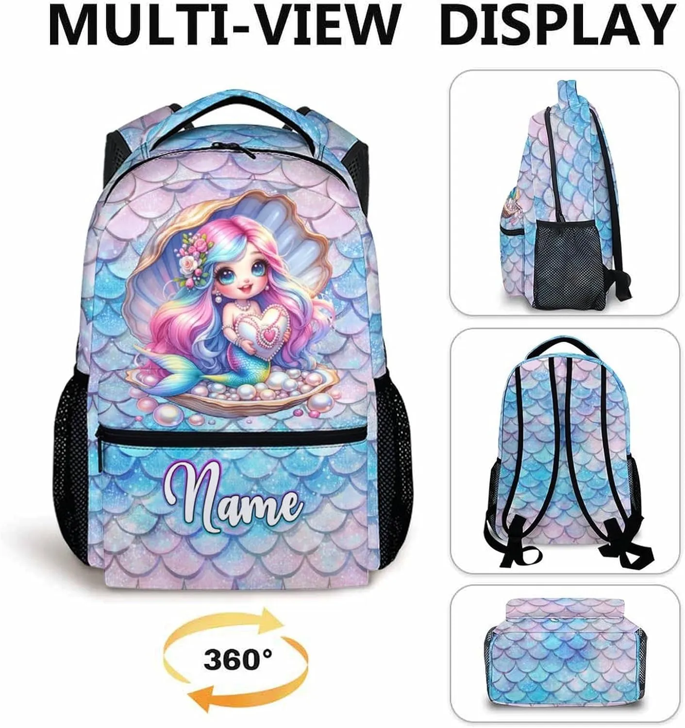 Kids School Backpacks, Custom Mermaids Backpack, Mermaid Gift, 17 Inch Personalized Cute Girls Bookbags for Elementary Kindergarten School Travel Picnic