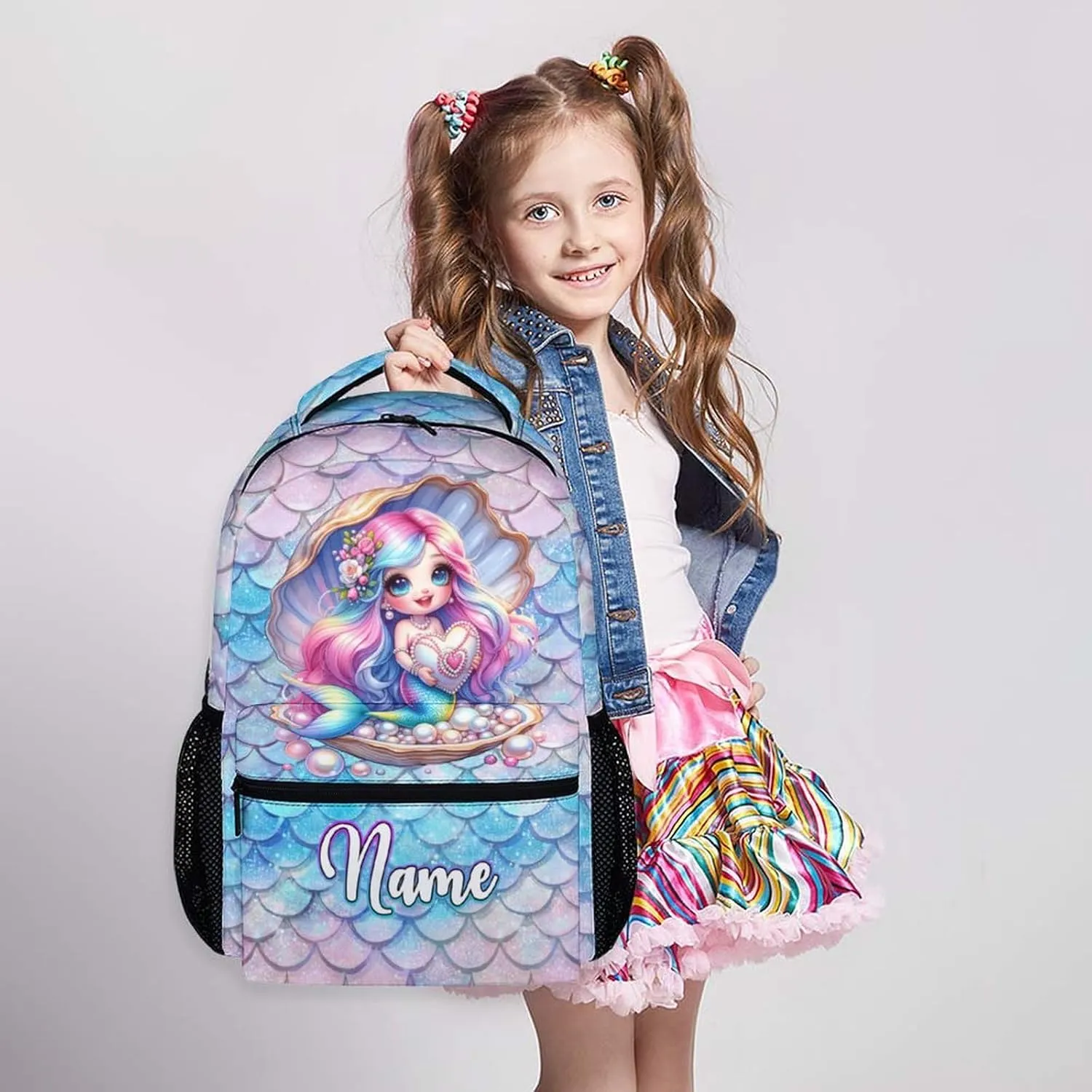 Kids School Backpacks, Custom Mermaids Backpack, Mermaid Gift, 17 Inch Personalized Cute Girls Bookbags for Elementary Kindergarten School Travel Picnic