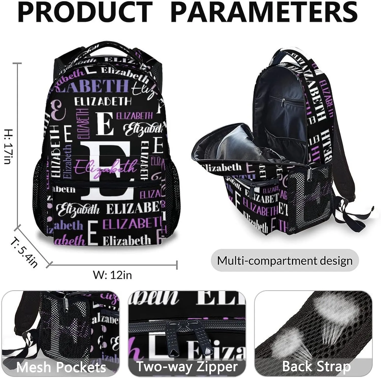 Kids School Backpacks, Custom Name Set of 3 Backpack for Boys Girls, Back to School Gifts, Personalized Black Large Capacity Bookbag with Pencil Case Bundle for Preschool Elementary