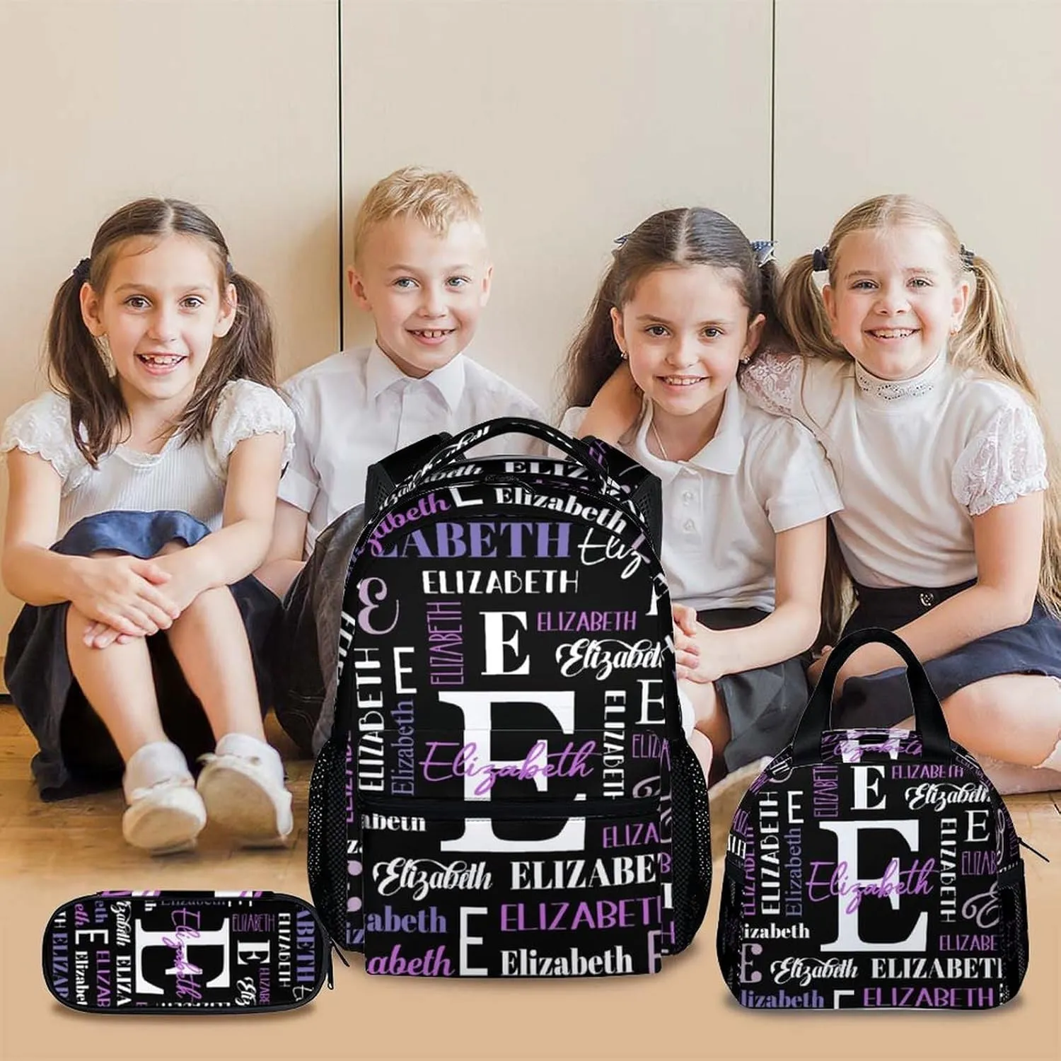 Kids School Backpacks, Custom Name Set of 3 Backpack for Boys Girls, Back to School Gifts, Personalized Black Large Capacity Bookbag with Pencil Case Bundle for Preschool Elementary