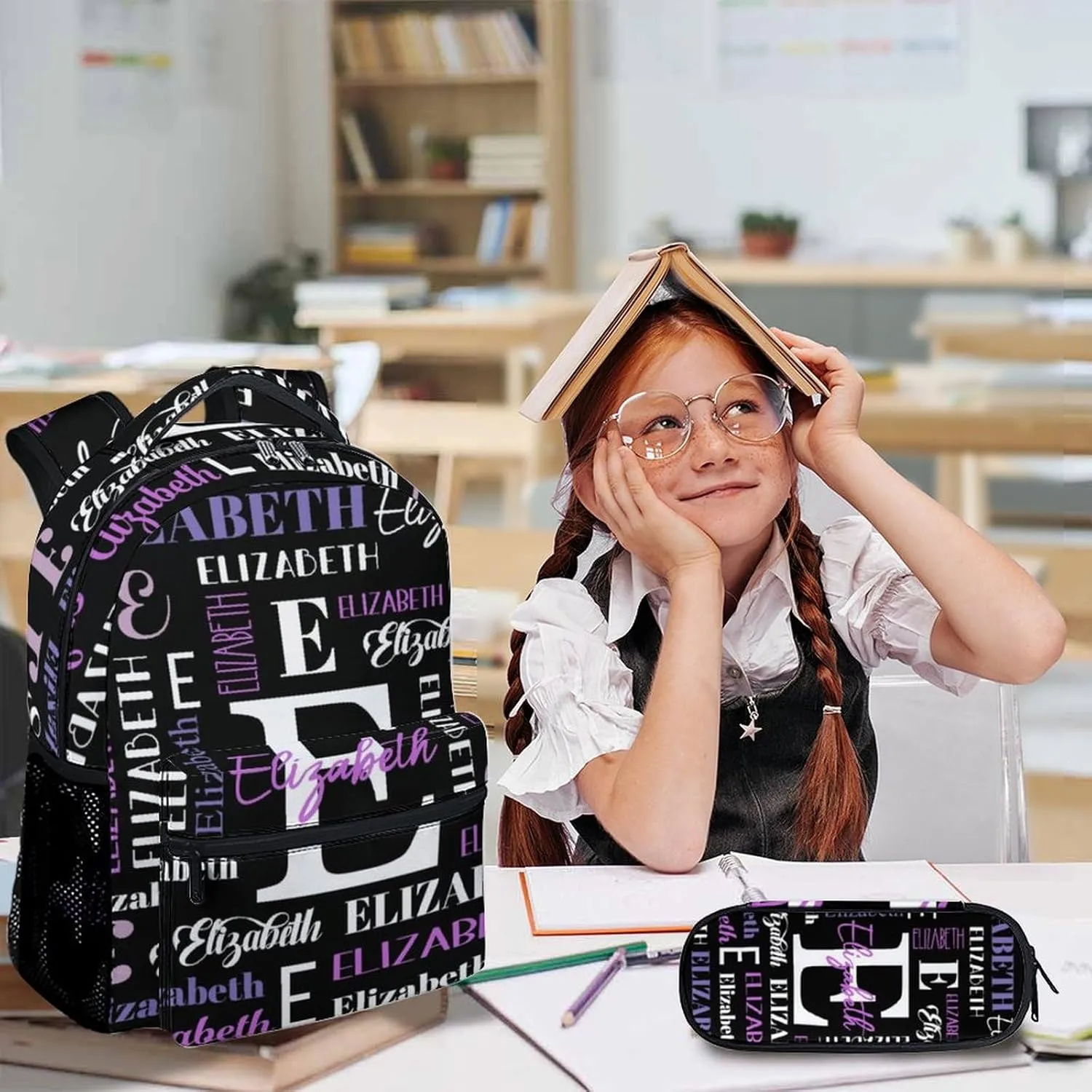 Kids School Backpacks, Custom Name Set of 3 Backpack for Boys Girls, Back to School Gifts, Personalized Black Large Capacity Bookbag with Pencil Case Bundle for Preschool Elementary