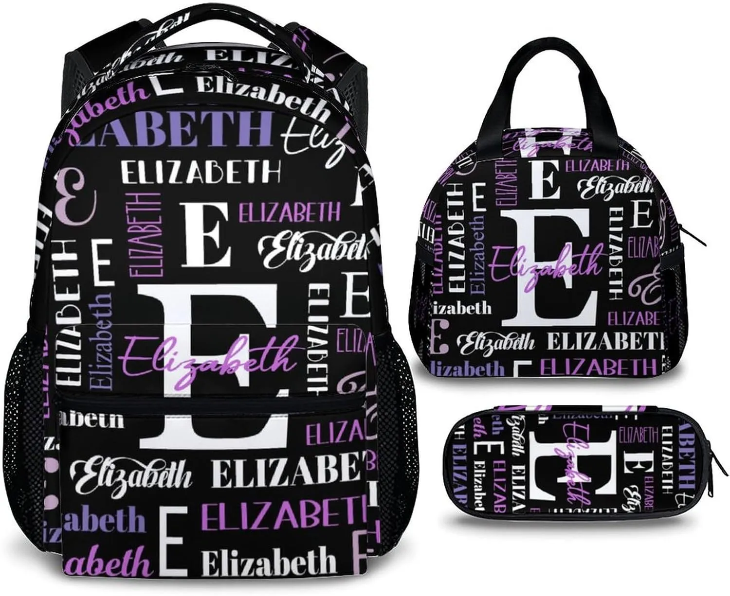 Kids School Backpacks, Custom Name Set of 3 Backpack for Boys Girls, Back to School Gifts, Personalized Black Large Capacity Bookbag with Pencil Case Bundle for Preschool Elementary