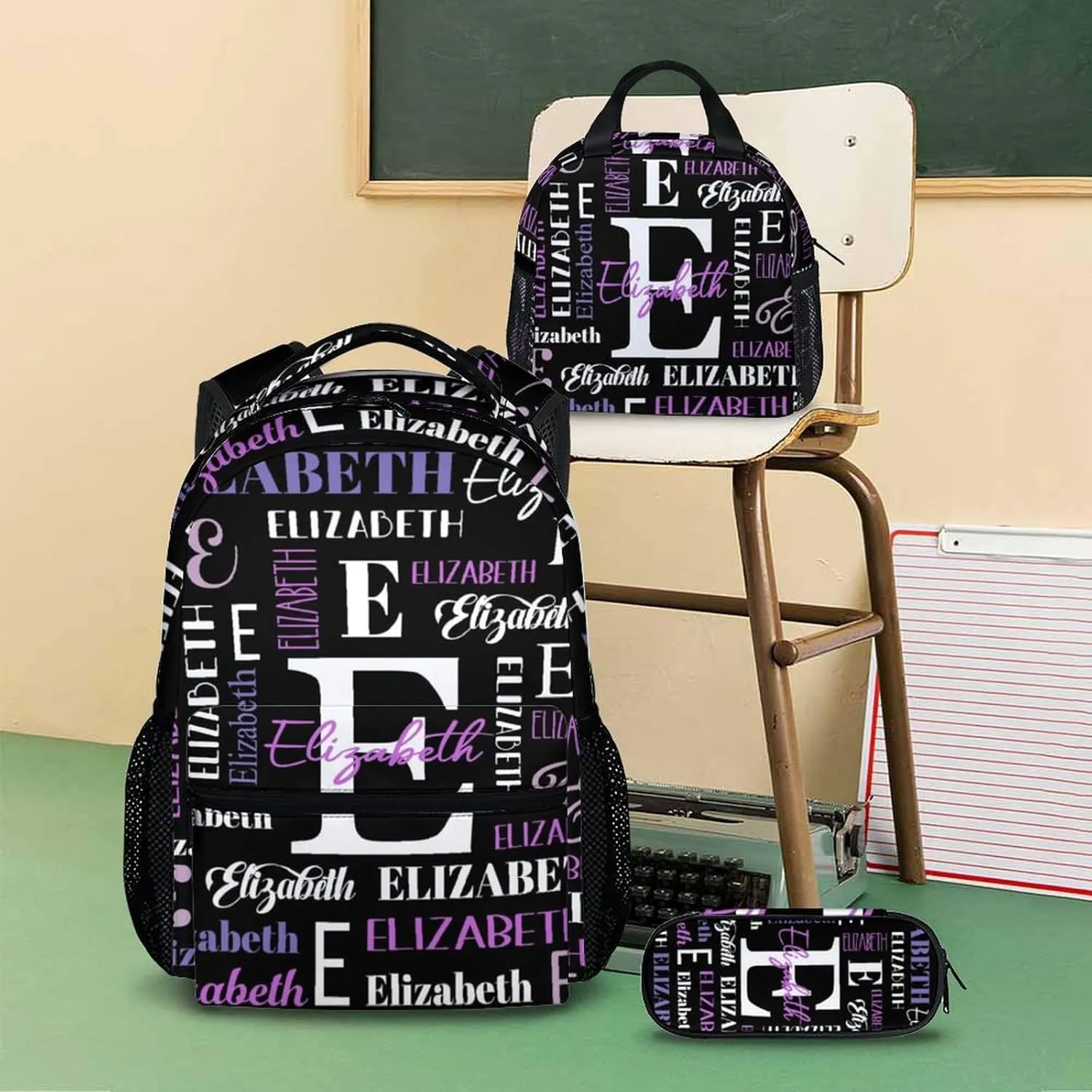 Kids School Backpacks, Custom Name Set of 3 Backpack for Boys Girls, Back to School Gifts, Personalized Black Large Capacity Bookbag with Pencil Case Bundle for Preschool Elementary