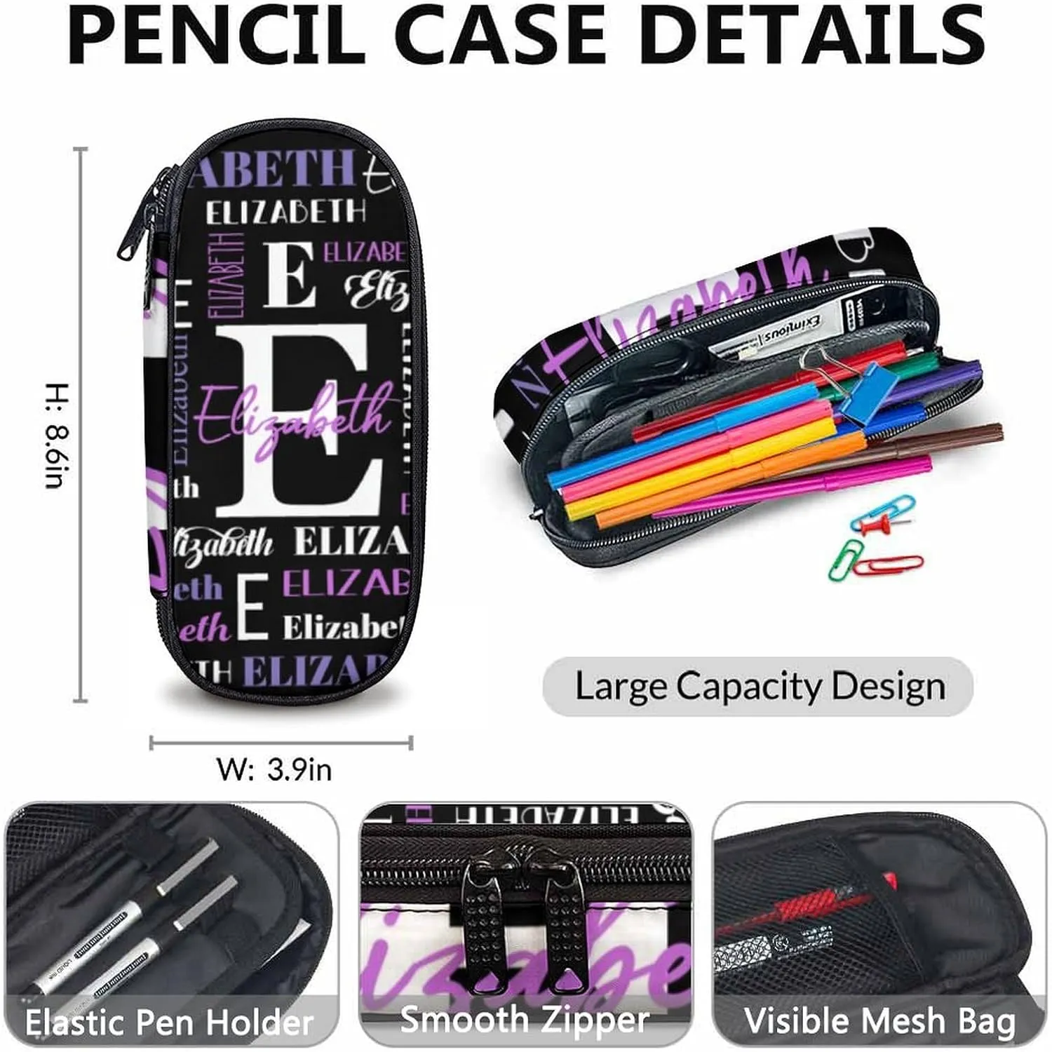 Kids School Backpacks, Custom Name Set of 3 Backpack for Boys Girls, Back to School Gifts, Personalized Black Large Capacity Bookbag with Pencil Case Bundle for Preschool Elementary