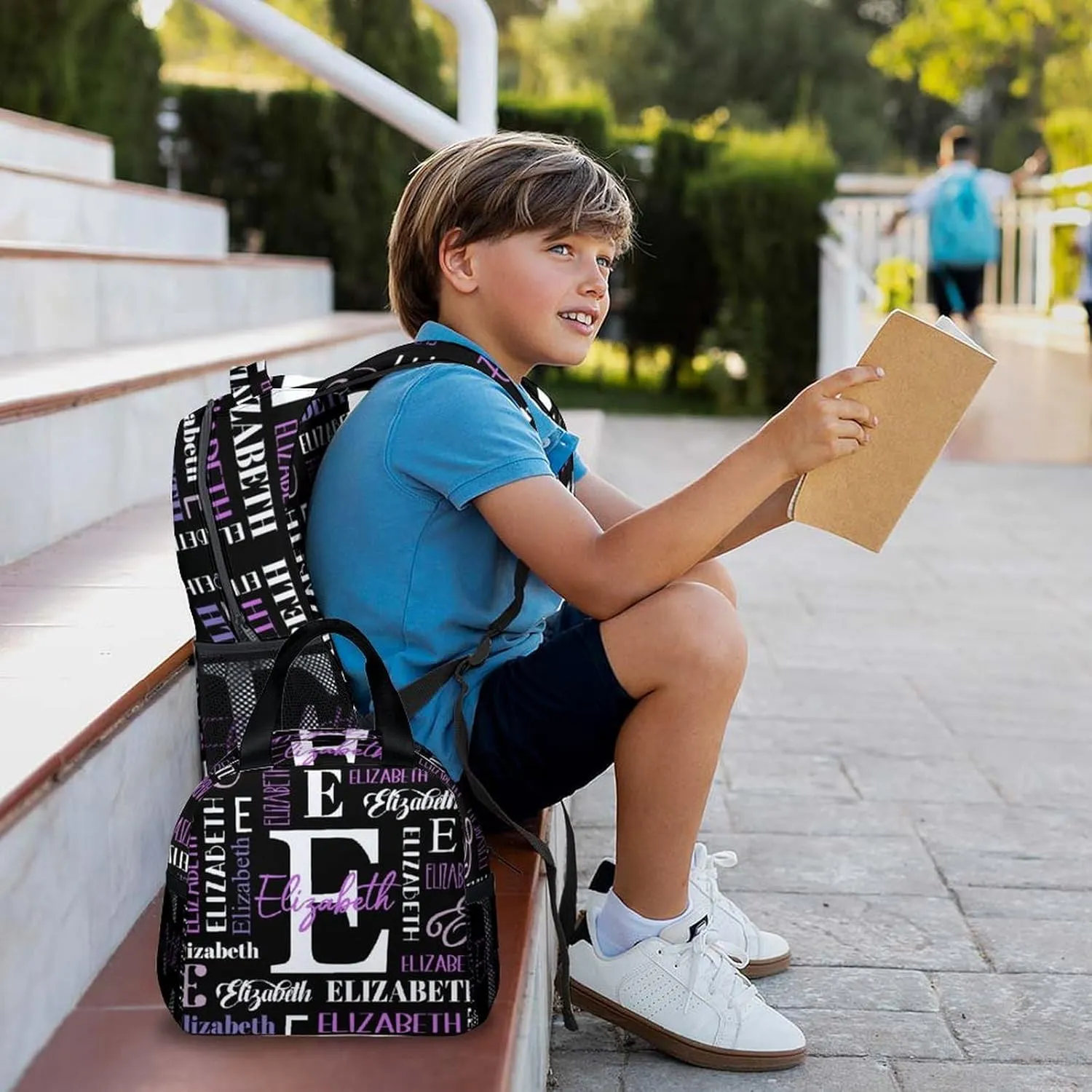 Kids School Backpacks, Custom Name Set of 3 Backpack for Boys Girls, Back to School Gifts, Personalized Black Large Capacity Bookbag with Pencil Case Bundle for Preschool Elementary