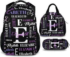 Kids School Backpacks, Custom Name Set of 3 Backpack for Boys Girls, Back to School Gifts, Personalized Black Large Capacity Bookbag with Pencil Case Bundle for Preschool Elementary