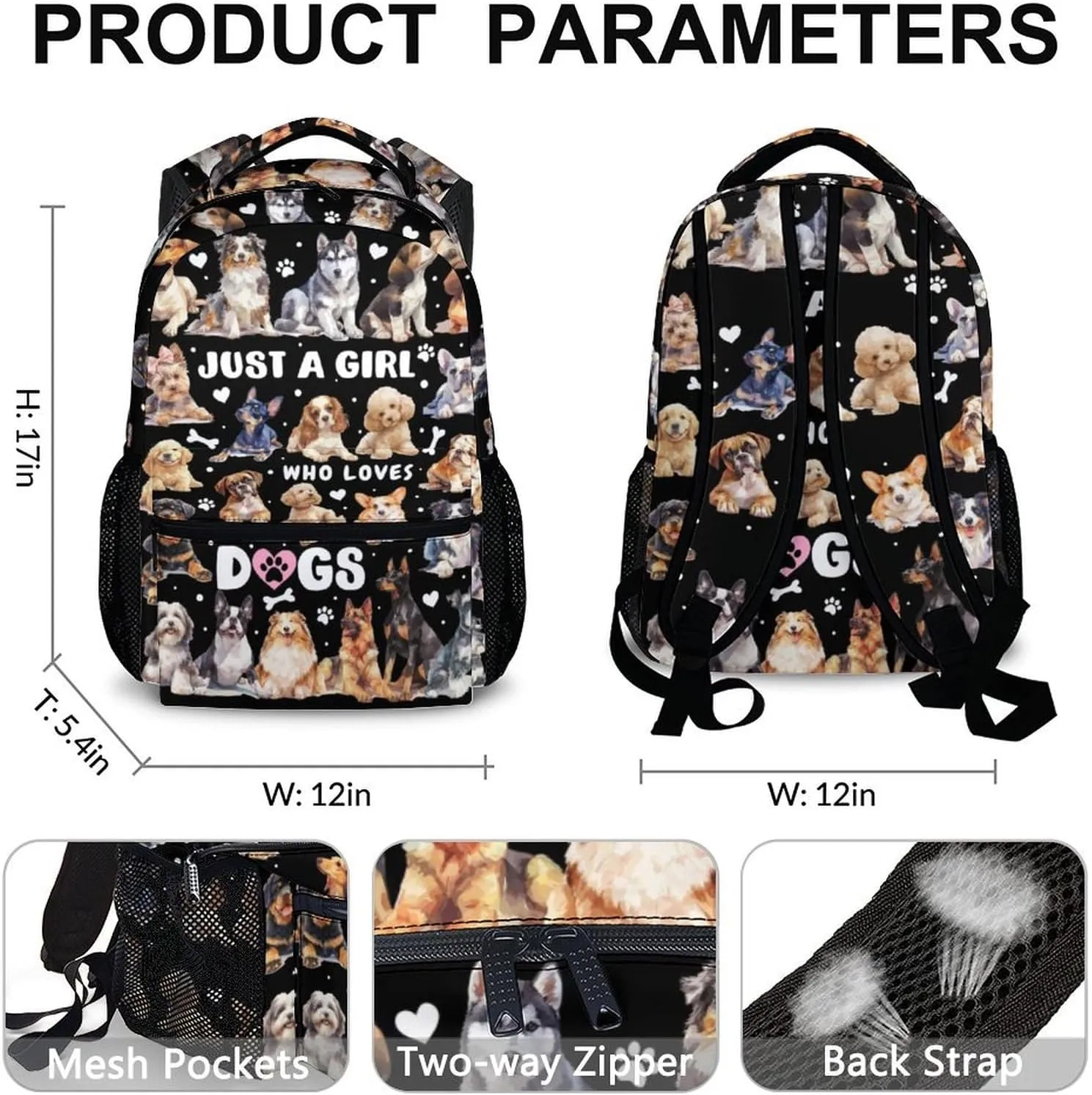 Kids School Backpacks, Cute Dog Bookbag, 17 Inch Large Capacity Girls Boys Schoolbag for Gift, Casual Bookbag for Preschool Elementary Kindergarten School Travel