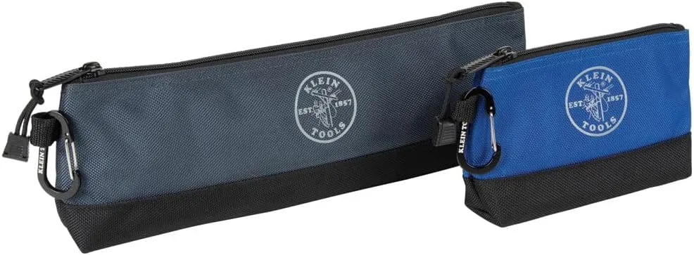 Klein Tools 55559 Stand-Up Zipper Bag Tool Pouch with Carabiners, 7-Inch Blue and 14-Inch Gray Utility Bags with Reinforced Bottom, 2-Pack