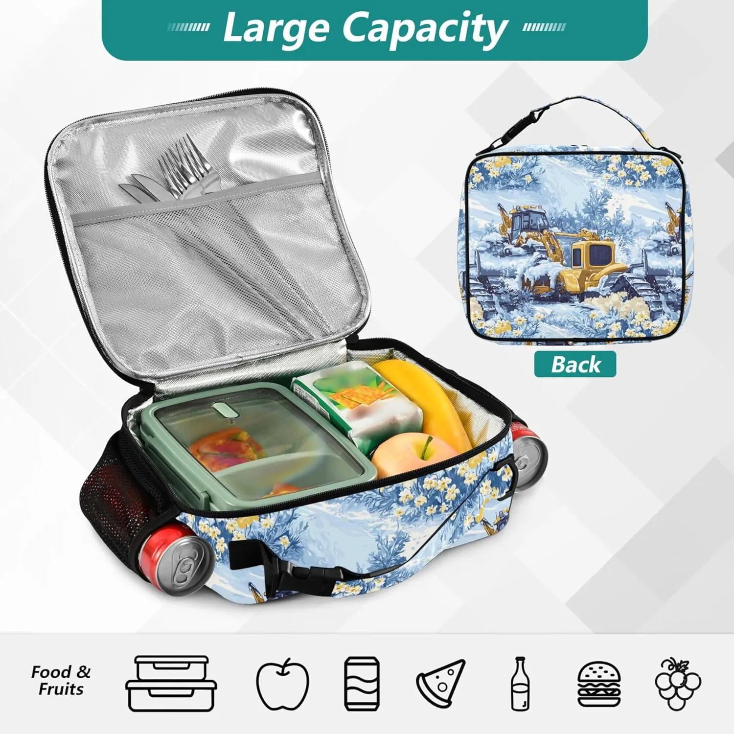 KLL Lunch Bags for Men Double Zipper School Lunch Box Removable Shoulder Strap Insulated Bags for Work Office Construction Truck Cartoon Bulldozer Icy and Snowy