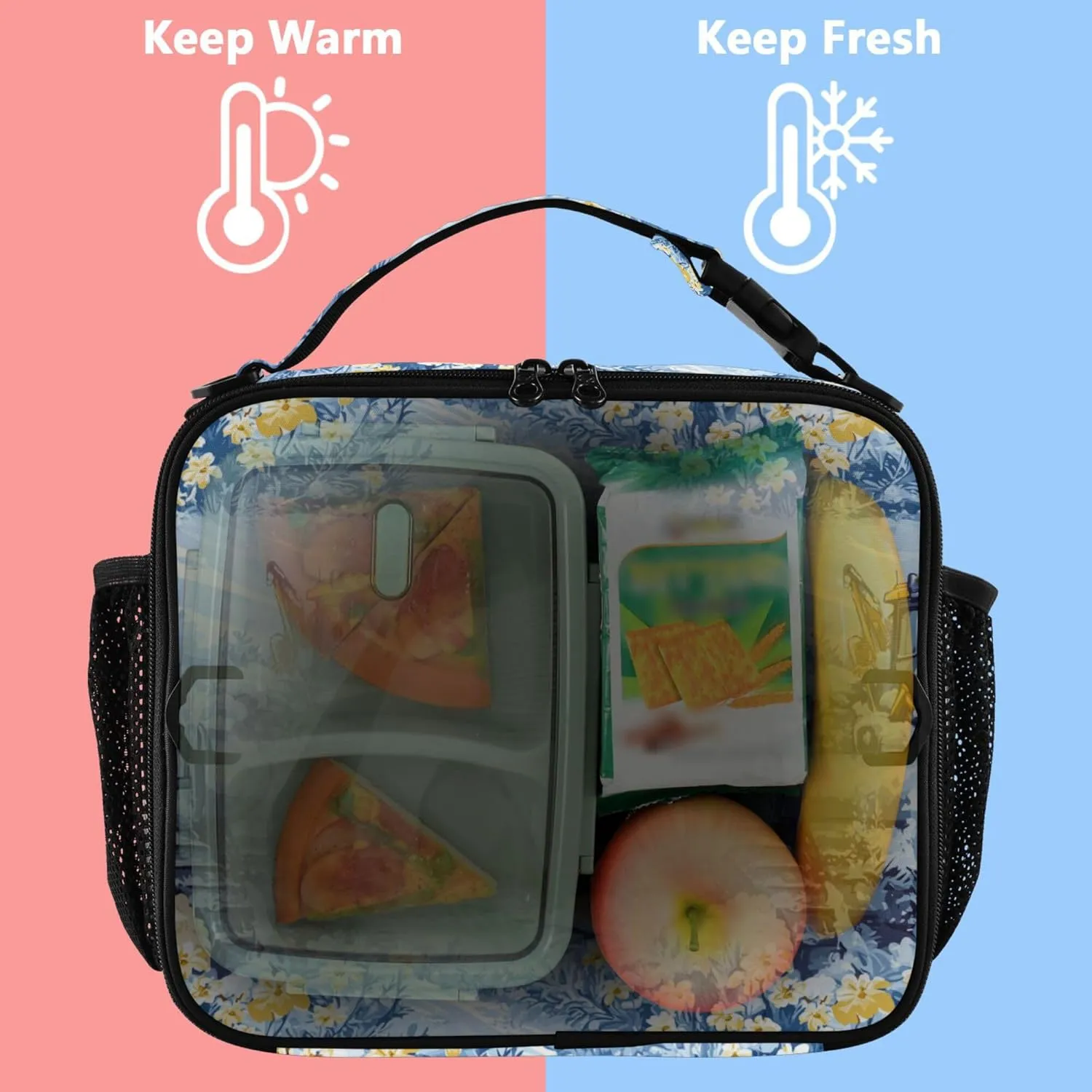 KLL Lunch Bags for Men Double Zipper School Lunch Box Removable Shoulder Strap Insulated Bags for Work Office Construction Truck Cartoon Bulldozer Icy and Snowy