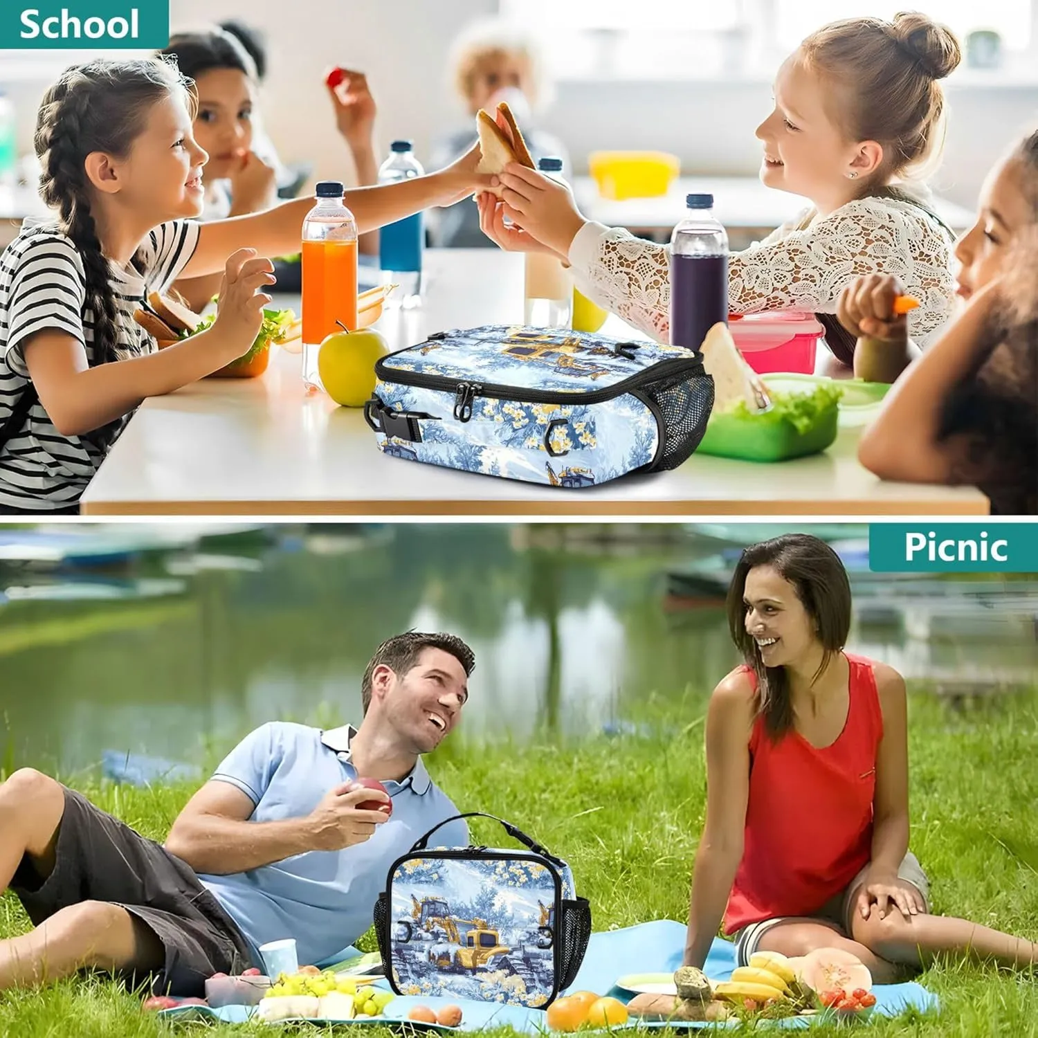 KLL Lunch Bags for Men Double Zipper School Lunch Box Removable Shoulder Strap Insulated Bags for Work Office Construction Truck Cartoon Bulldozer Icy and Snowy