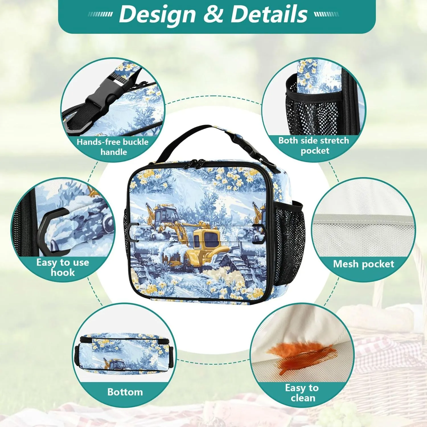 KLL Lunch Bags for Men Double Zipper School Lunch Box Removable Shoulder Strap Insulated Bags for Work Office Construction Truck Cartoon Bulldozer Icy and Snowy