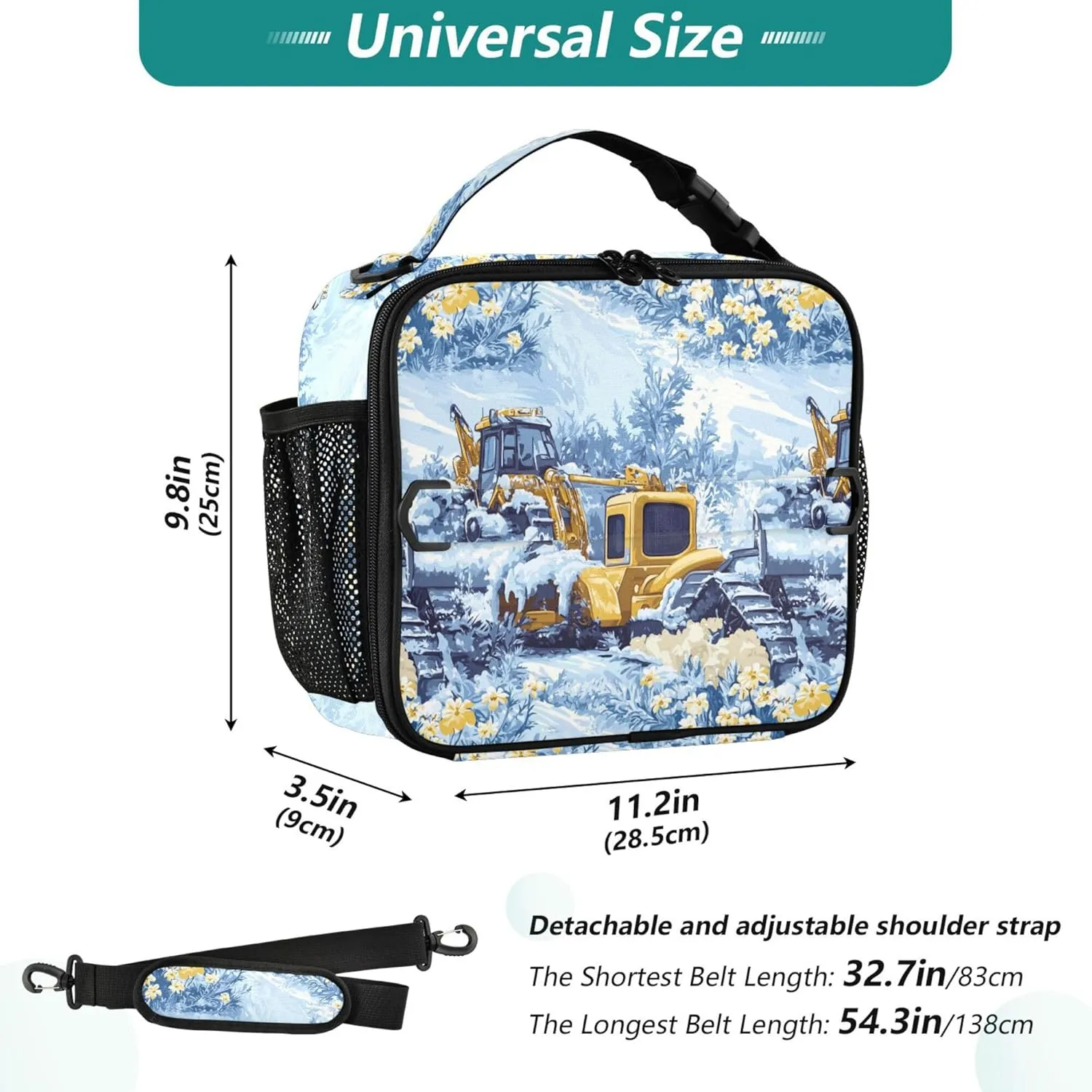 KLL Lunch Bags for Men Double Zipper School Lunch Box Removable Shoulder Strap Insulated Bags for Work Office Construction Truck Cartoon Bulldozer Icy and Snowy