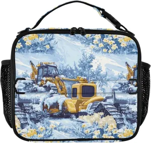 KLL Lunch Bags for Men Double Zipper School Lunch Box Removable Shoulder Strap Insulated Bags for Work Office Construction Truck Cartoon Bulldozer Icy and Snowy