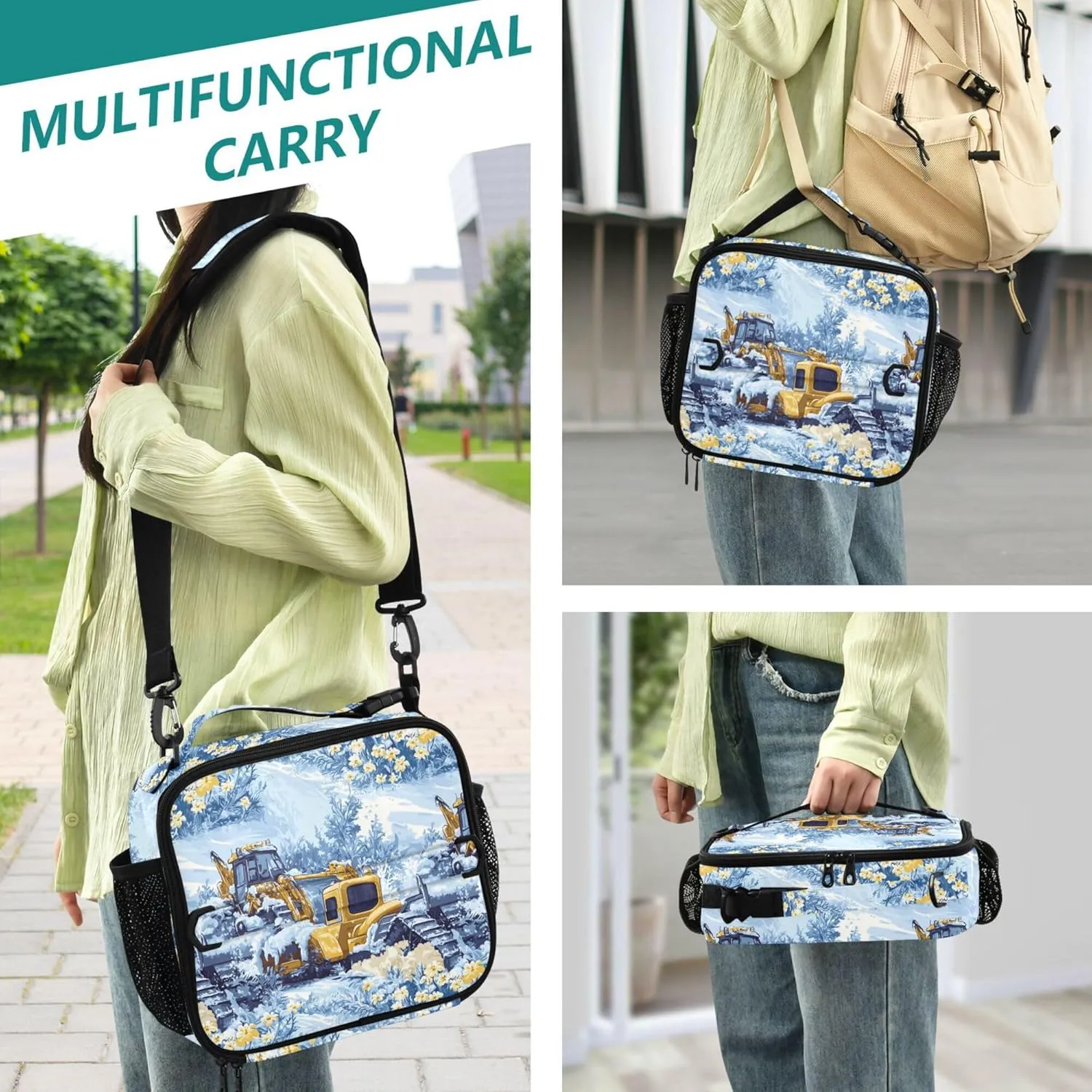 KLL Lunch Bags for Men Double Zipper School Lunch Box Removable Shoulder Strap Insulated Bags for Work Office Construction Truck Cartoon Bulldozer Icy and Snowy