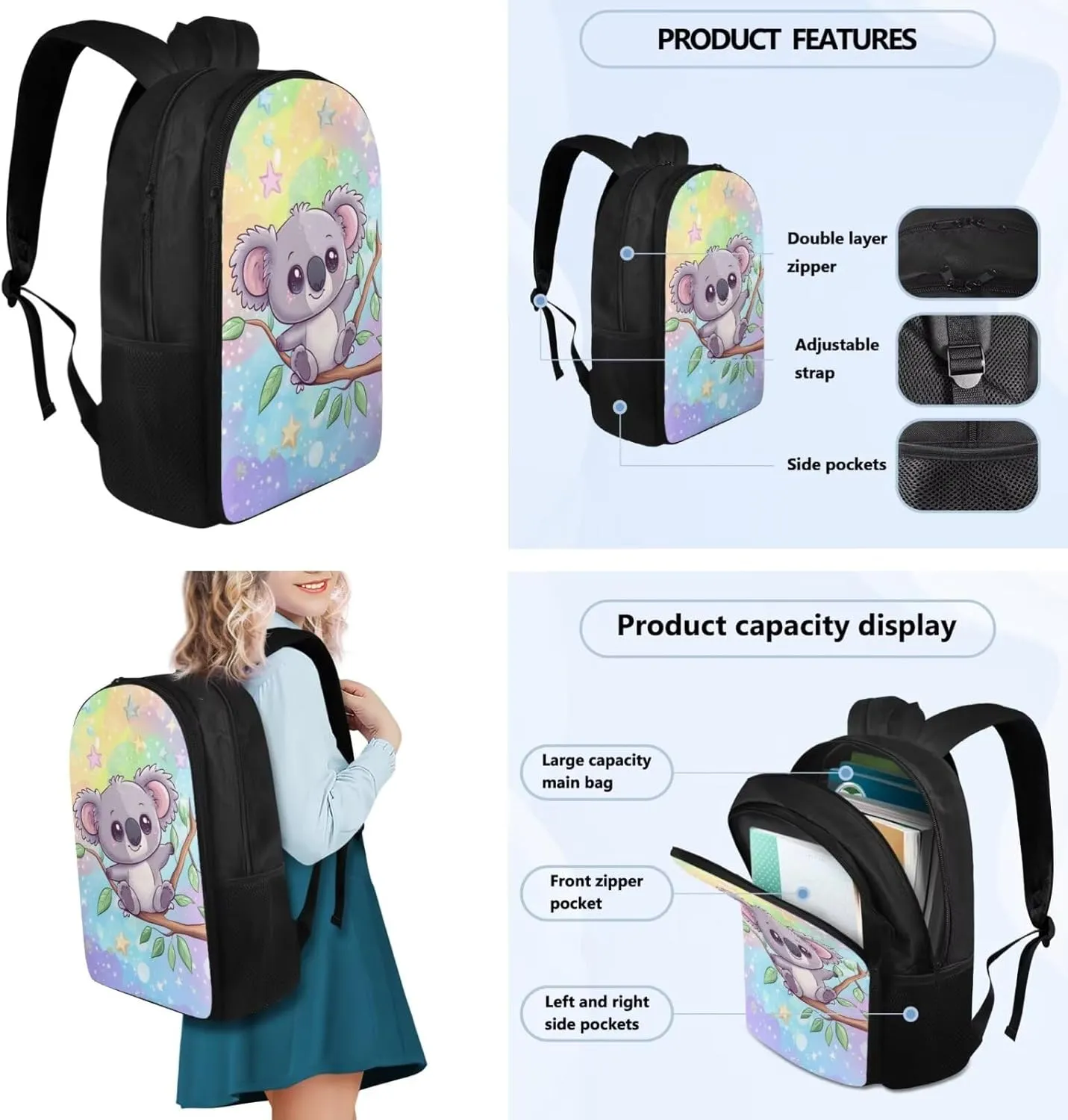 Koala 5th Grade Backpacks for Girls Book Bag 4 Pcs Kids Backpack and Lunch Box Set 17 Inch Large Capacity Elementary School Bags Pencil Case Bookmarks for Girls Travel Daypack