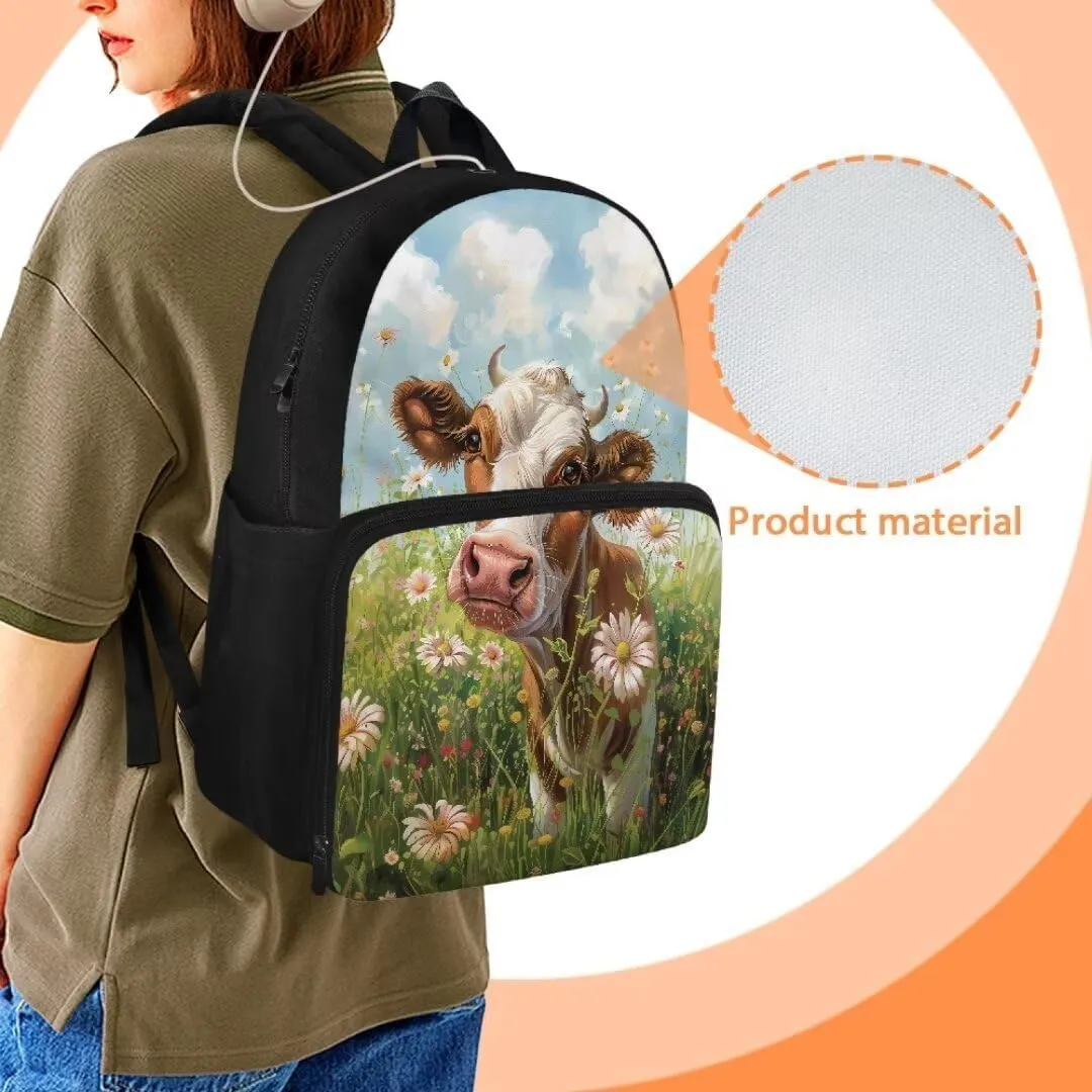 Kuiaobaty Cow Schoolbag Backpack for Girls Lovely School Book Bag for High School Durable Kindergarden Daypack with Zipper Storage Bag for Hiking Portable School Bag Gift for Children's Day