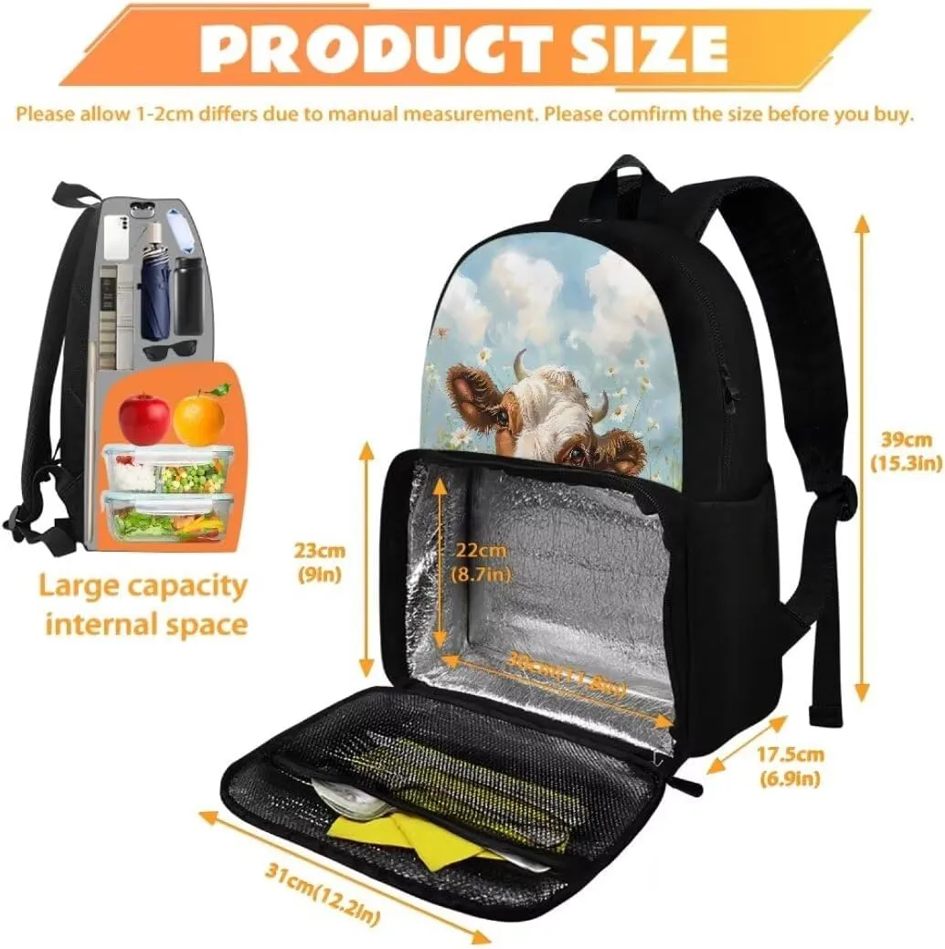 Kuiaobaty Cow Schoolbag Backpack for Girls Lovely School Book Bag for High School Durable Kindergarden Daypack with Zipper Storage Bag for Hiking Portable School Bag Gift for Children's Day