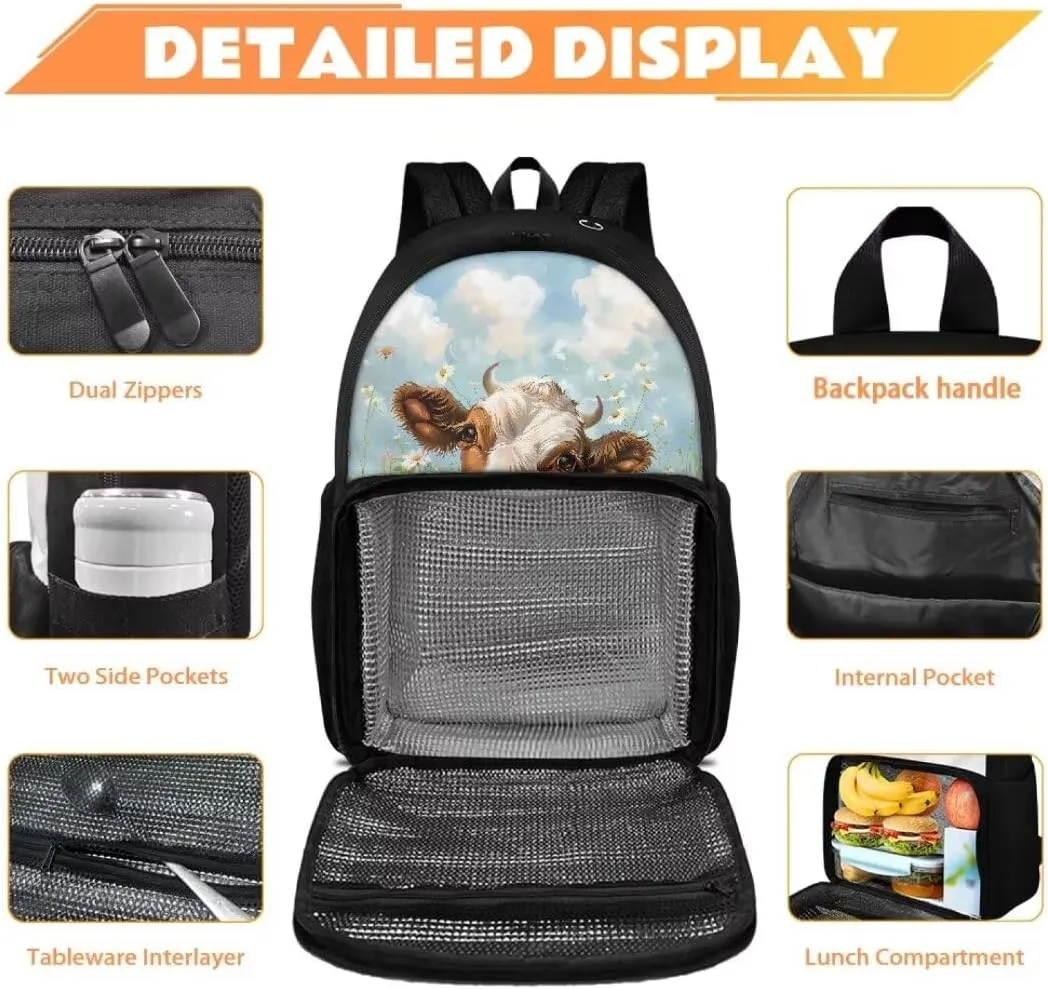 Kuiaobaty Cow Schoolbag Backpack for Girls Lovely School Book Bag for High School Durable Kindergarden Daypack with Zipper Storage Bag for Hiking Portable School Bag Gift for Children's Day
