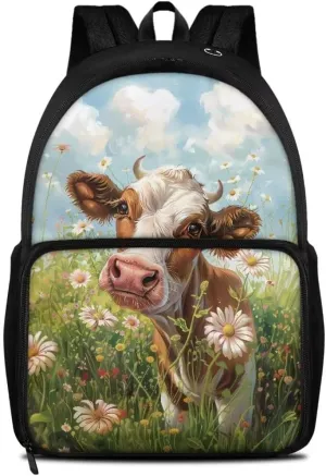 Kuiaobaty Cow Schoolbag Backpack for Girls Lovely School Book Bag for High School Durable Kindergarden Daypack with Zipper Storage Bag for Hiking Portable School Bag Gift for Children's Day