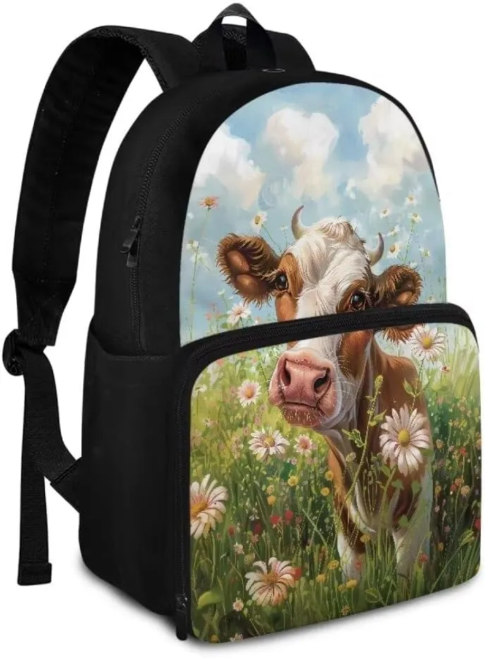 Kuiaobaty Cow Schoolbag Backpack for Girls Lovely School Book Bag for High School Durable Kindergarden Daypack with Zipper Storage Bag for Hiking Portable School Bag Gift for Children's Day