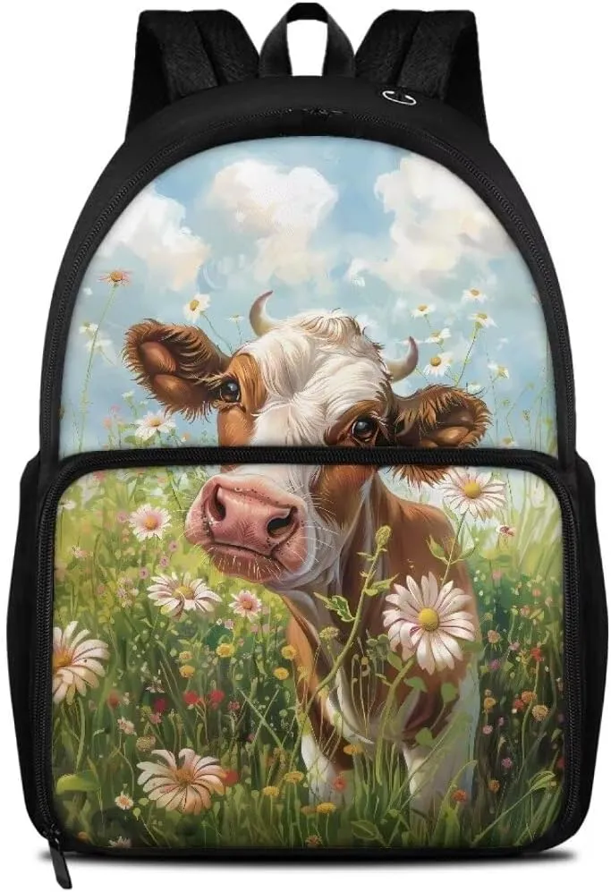 Kuiaobaty Cow Schoolbag Backpack for Girls Lovely School Book Bag for High School Durable Kindergarden Daypack with Zipper Storage Bag for Hiking Portable School Bag Gift for Children's Day