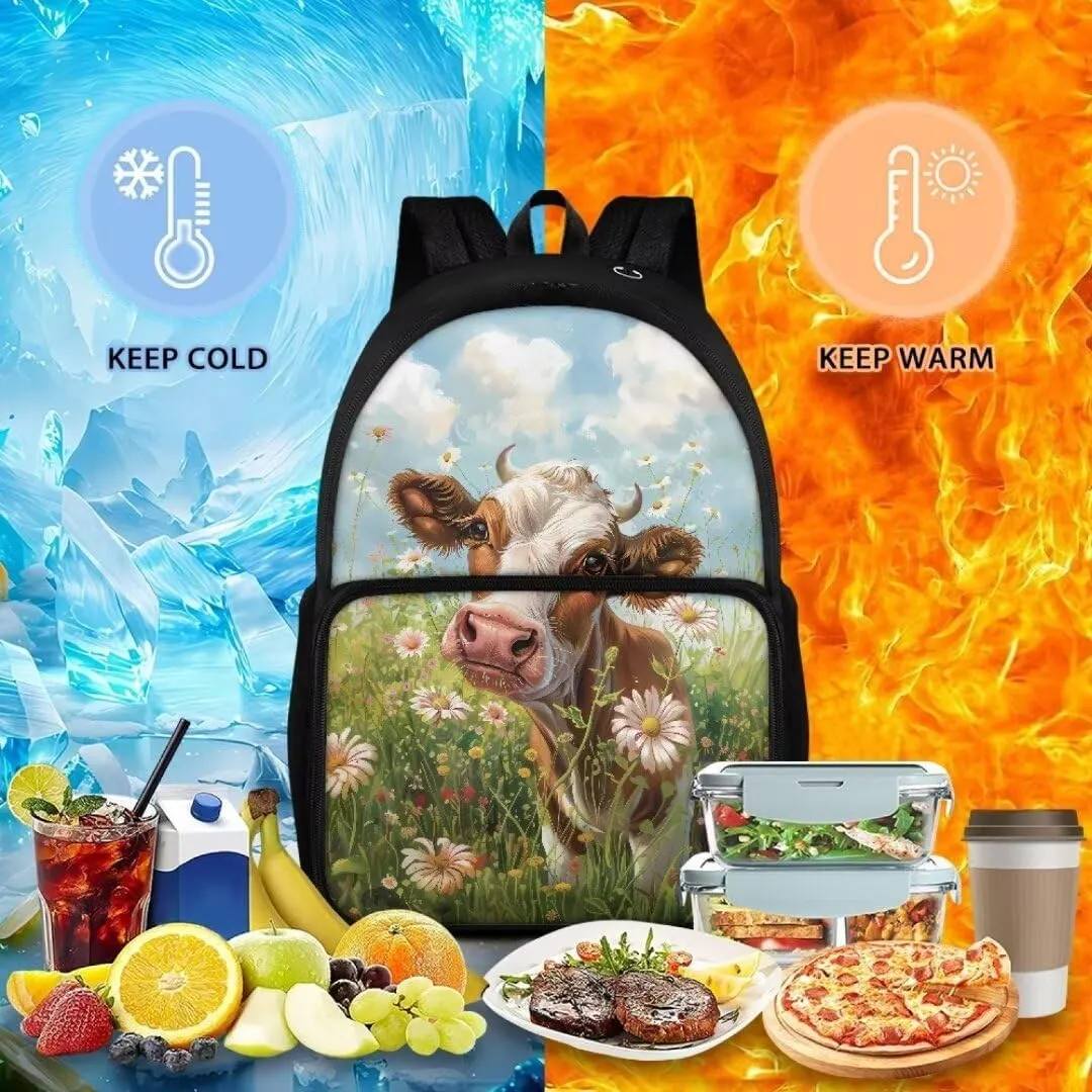 Kuiaobaty Cow Schoolbag Backpack for Girls Lovely School Book Bag for High School Durable Kindergarden Daypack with Zipper Storage Bag for Hiking Portable School Bag Gift for Children's Day