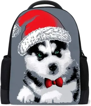 Kuizee School Backpack Daypack Rucksack ﻿Husky Puppy Dog Wear Red Santa Cap Book Bag Casual Bags Durable College School Travel Daily 16Inch