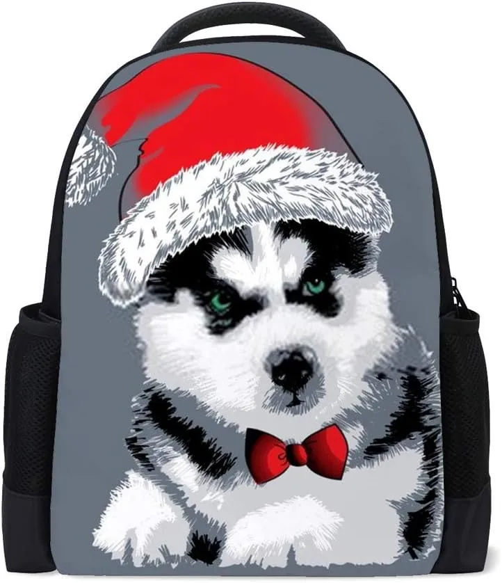 Kuizee School Backpack Daypack Rucksack ﻿Husky Puppy Dog Wear Red Santa Cap Book Bag Casual Bags Durable College School Travel Daily 16Inch