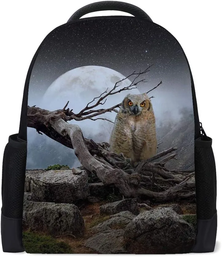 Kuizee School Bag Backpack Daypack ﻿Mysterious Owl Withered Full Moon Book Bag Casual Bags Durable College School Travel Daily 16Inch