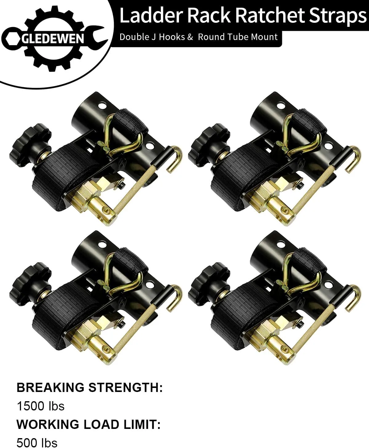 Ladder Rack Ratchet Straps with J-Hook (4PCS), 2" Black Round Tube Mount, 1.5" Wide x 7.5' Long Black Retractable Ratchet Tie Down Strap Roof Rack, 500 lbs Load Heavy Duty Cargo Buckle Rack Lock Strap