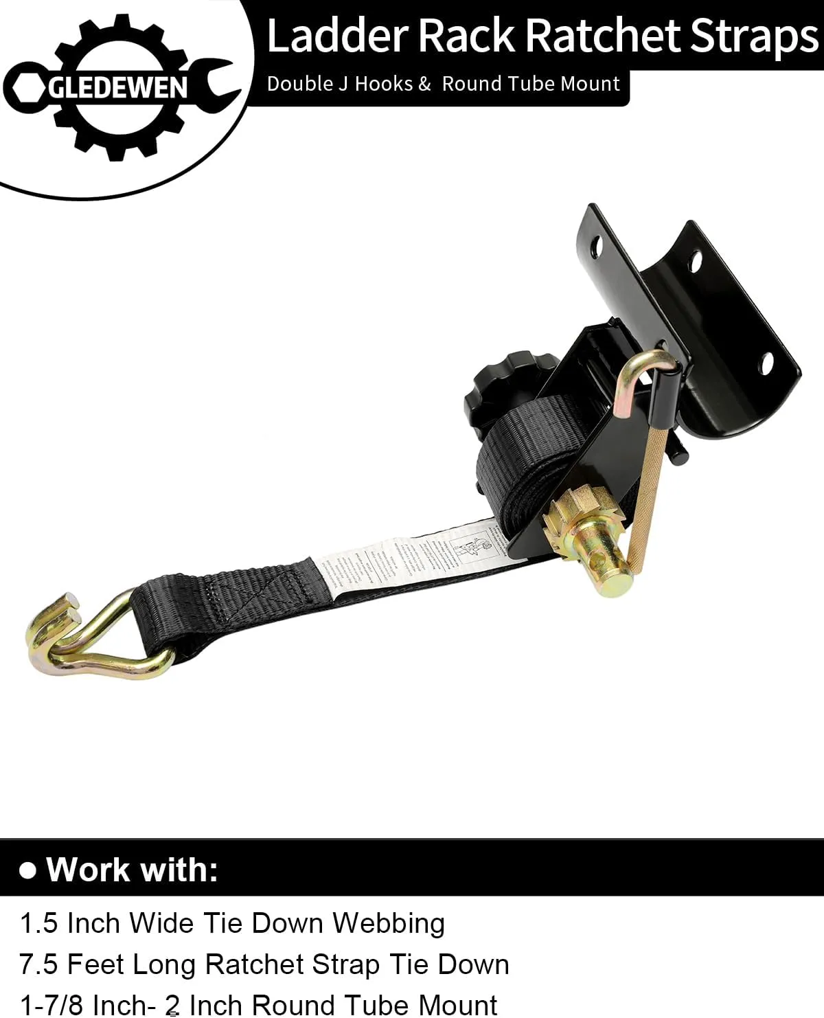 Ladder Rack Ratchet Straps with J-Hook (4PCS), 2" Black Round Tube Mount, 1.5" Wide x 7.5' Long Black Retractable Ratchet Tie Down Strap Roof Rack, 500 lbs Load Heavy Duty Cargo Buckle Rack Lock Strap