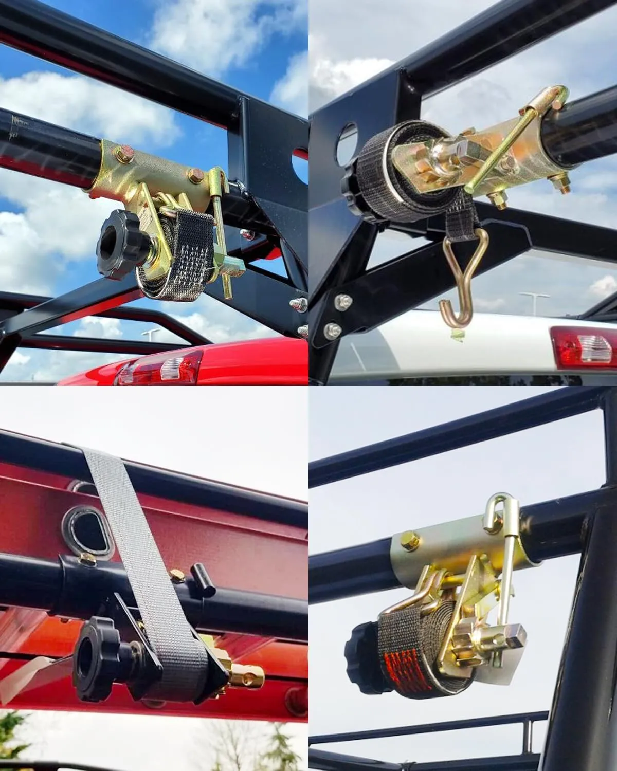 Ladder Rack Ratchet Straps with J-Hook (4PCS), 2" Black Round Tube Mount, 1.5" Wide x 7.5' Long Black Retractable Ratchet Tie Down Strap Roof Rack, 500 lbs Load Heavy Duty Cargo Buckle Rack Lock Strap