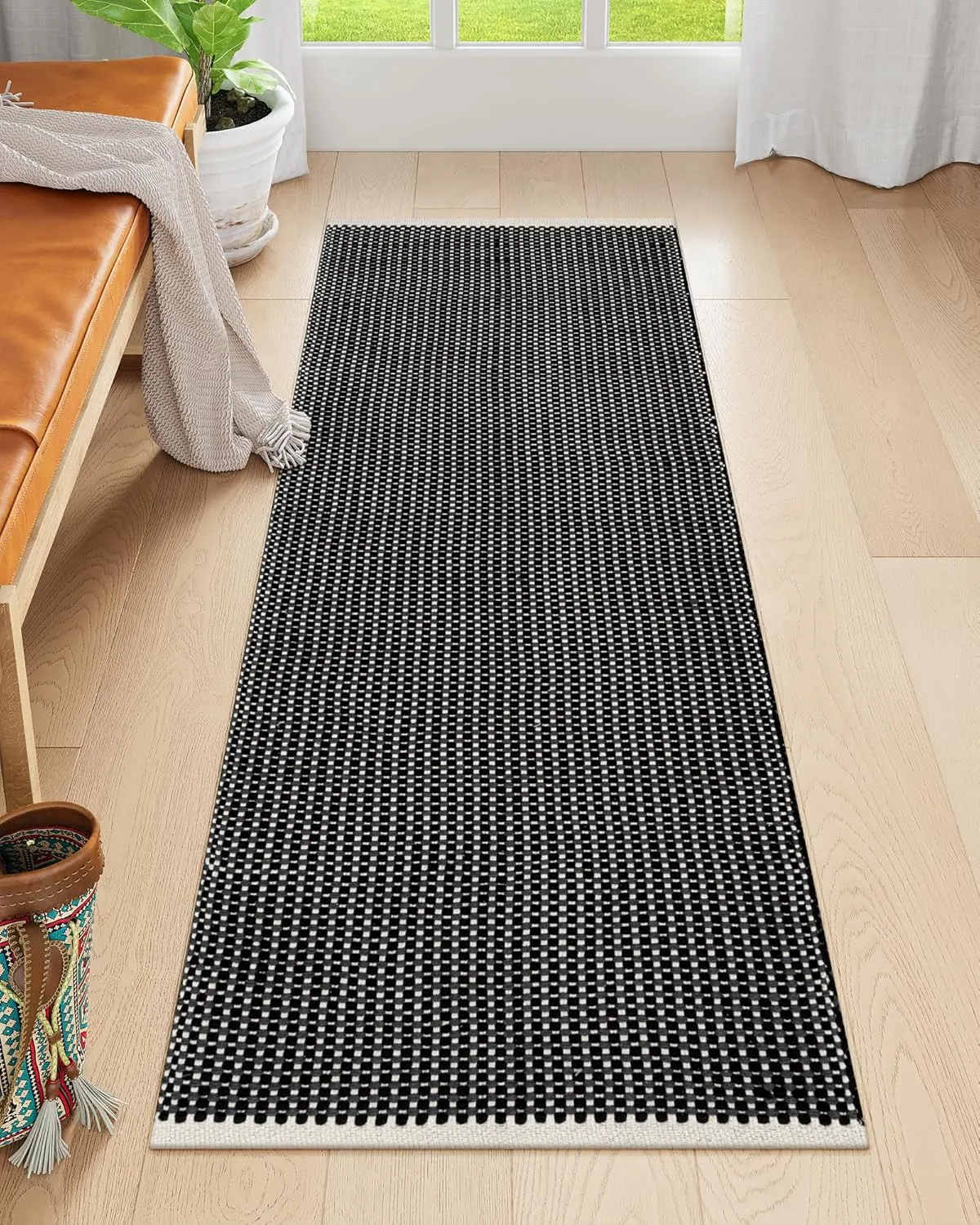 Lahome Boho Kitchen Rug, 2x6 Cotton Runners for Hallway Entryway Black Laundry Room Rug, Farmhouse Washable Non Shedding Woven Carpet Runners for Hallway 6ft Bathroom, Black