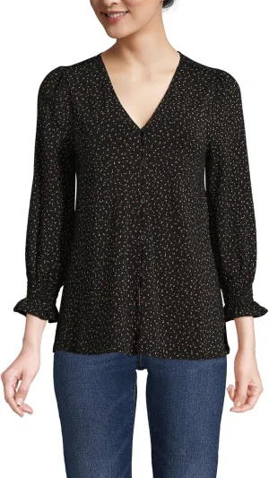 Lands' End Women's 3/4 Sleeve Lightweight Jersey Button Front Top