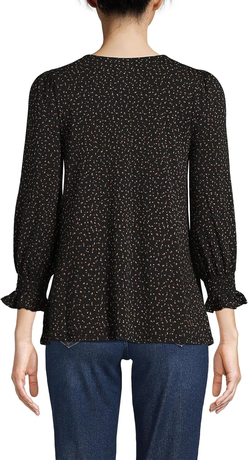 Lands' End Women's 3/4 Sleeve Lightweight Jersey Button Front Top