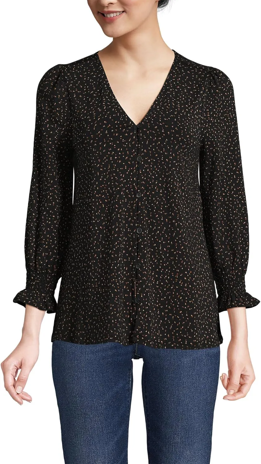 Lands' End Women's 3/4 Sleeve Lightweight Jersey Button Front Top