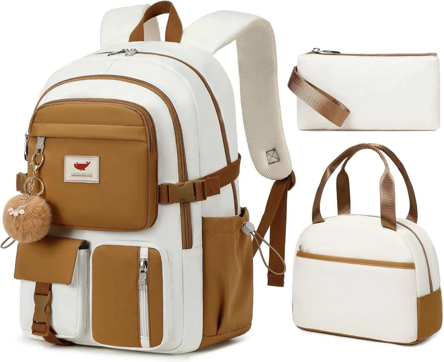 Laptop Backpack 15.6 Inch Elementary Middle High School Bag College Backpacks with Lunch Box Pencil Pouch 3 PCS Set Travel Bookbags for Teens Girls Women Students (Beige Khaki)