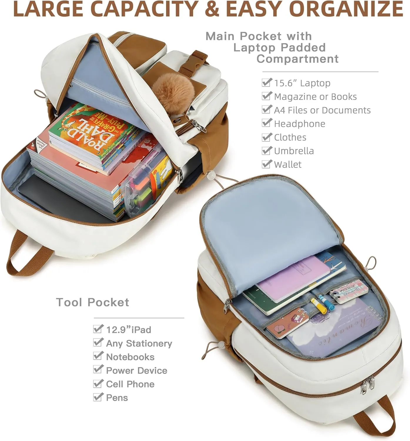 Laptop Backpack 15.6 Inch Elementary Middle High School Bag College Backpacks with Lunch Box Pencil Pouch 3 PCS Set Travel Bookbags for Teens Girls Women Students (Beige Khaki)