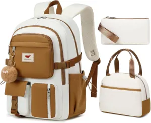 Laptop Backpack 15.6 Inch Elementary Middle High School Bag College Backpacks with Lunch Box Pencil Pouch 3 PCS Set Travel Bookbags for Teens Girls Women Students (Beige Khaki)