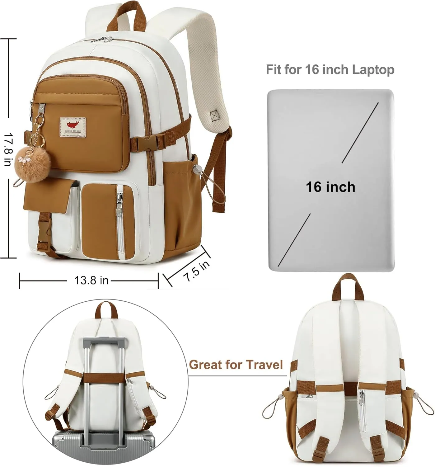 Laptop Backpack 15.6 Inch Elementary Middle High School Bag College Backpacks with Lunch Box Pencil Pouch 3 PCS Set Travel Bookbags for Teens Girls Women Students (Beige Khaki)
