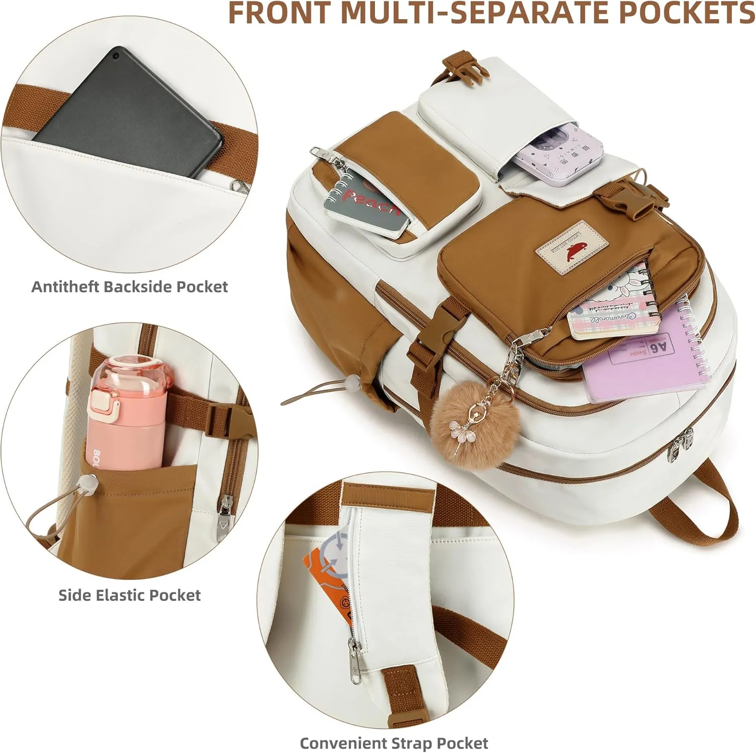Laptop Backpack 15.6 Inch Elementary Middle High School Bag College Backpacks with Lunch Box Pencil Pouch 3 PCS Set Travel Bookbags for Teens Girls Women Students (Beige Khaki)