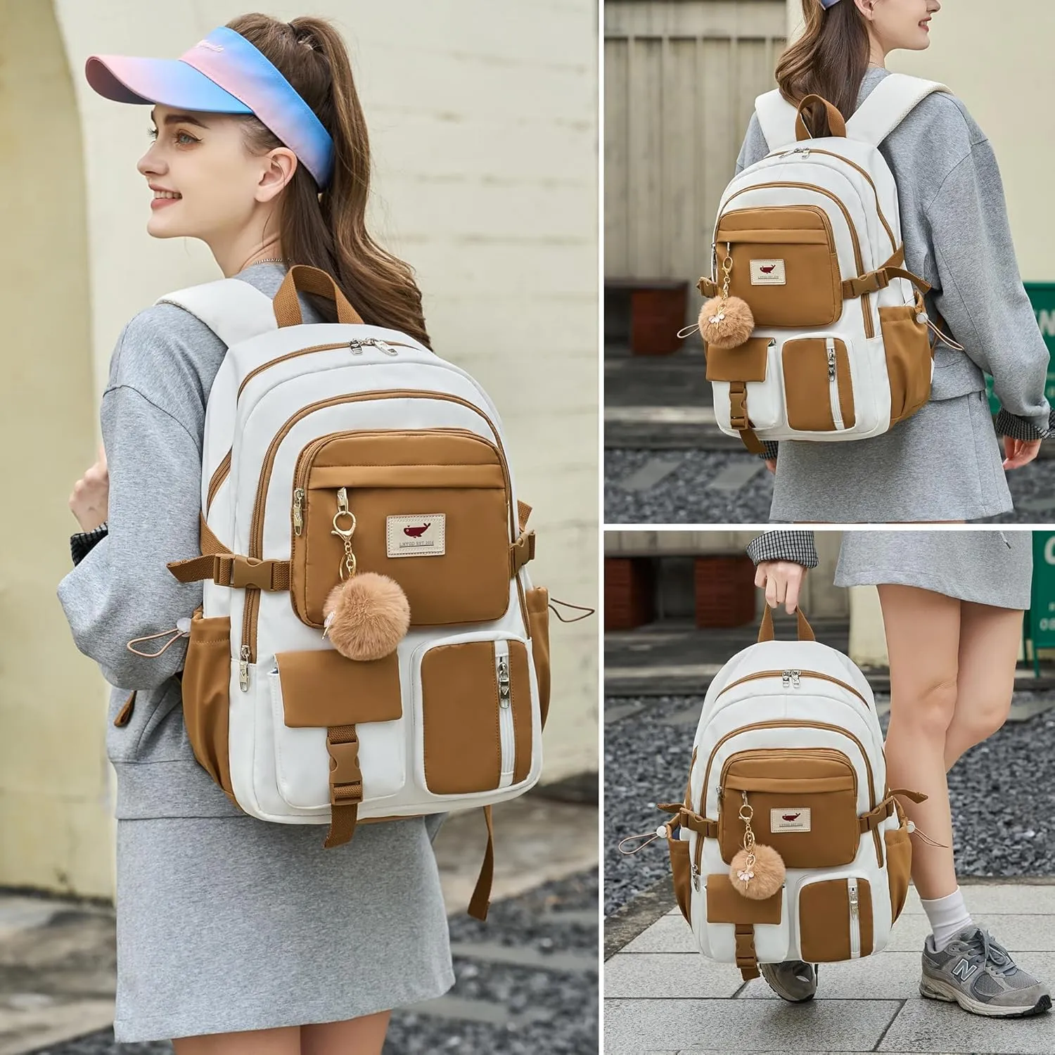 Laptop Backpack 15.6 Inch Elementary Middle High School Bag College Backpacks with Lunch Box Pencil Pouch 3 PCS Set Travel Bookbags for Teens Girls Women Students (Beige Khaki)