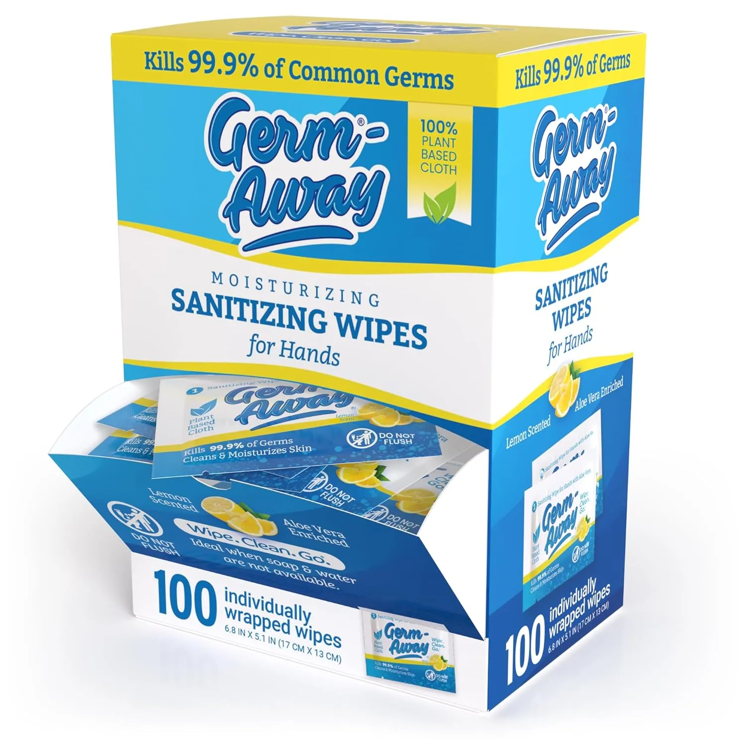 Large Antibacterial Hand Wipes Individually Wrapped Wipes, Travel Size Hand Sanitzer Wipes with Aloe in Dispenser Box, 100 ct Lemon Scent (100 wipes) (Pack of 1)