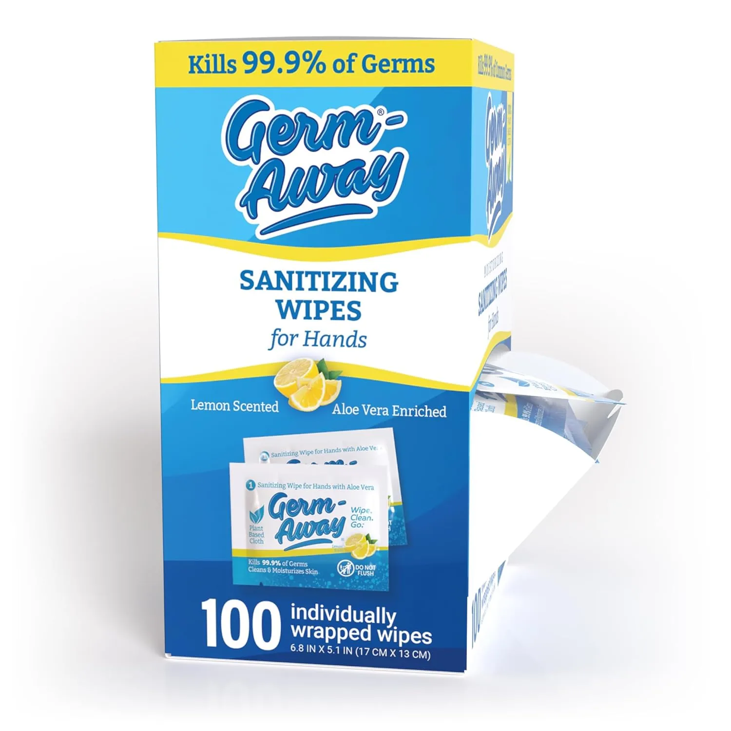 Large Antibacterial Hand Wipes Individually Wrapped Wipes, Travel Size Hand Sanitzer Wipes with Aloe in Dispenser Box, 100 ct Lemon Scent (100 wipes) (Pack of 1)