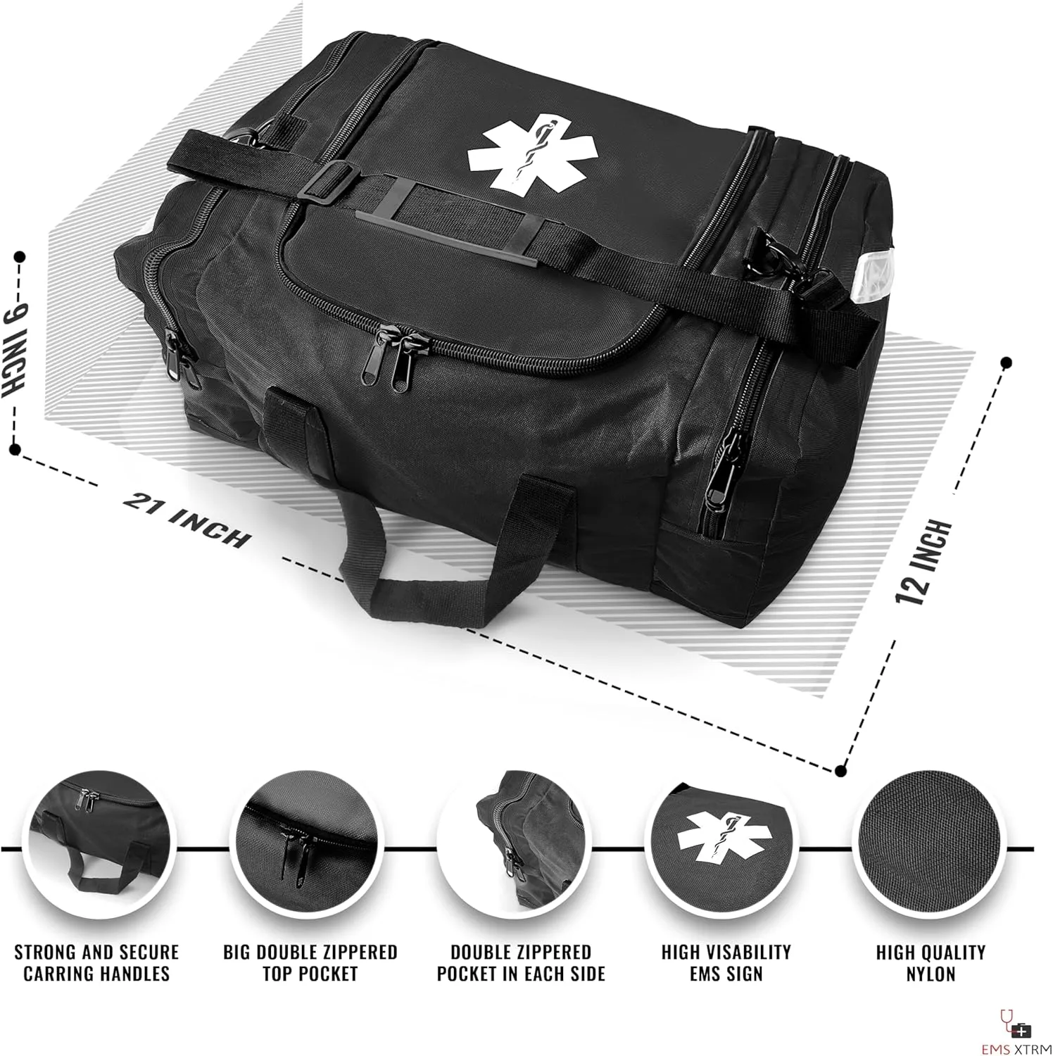 Large EMT Bag - Spacious, Multi-Compartment Medical Bag, Empty First Aid Bag for EMS, Hospitals, and Rescue Teams, Durable and Water-Resistant (Black)