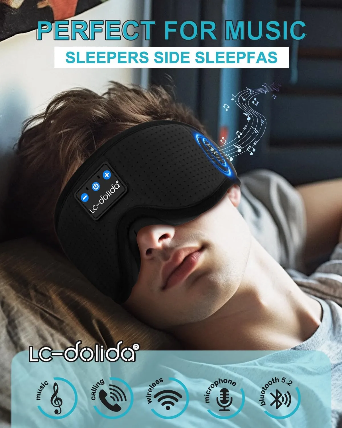 LC-dolida Sleep Headphones, 3D Sleep Mask Bluetooth Wireless, Sleeping Headphones for Side Sleepers Sleep Eye Mask Music Weighted Sleeping Mask Meditation Gifts for Men Women (Black)