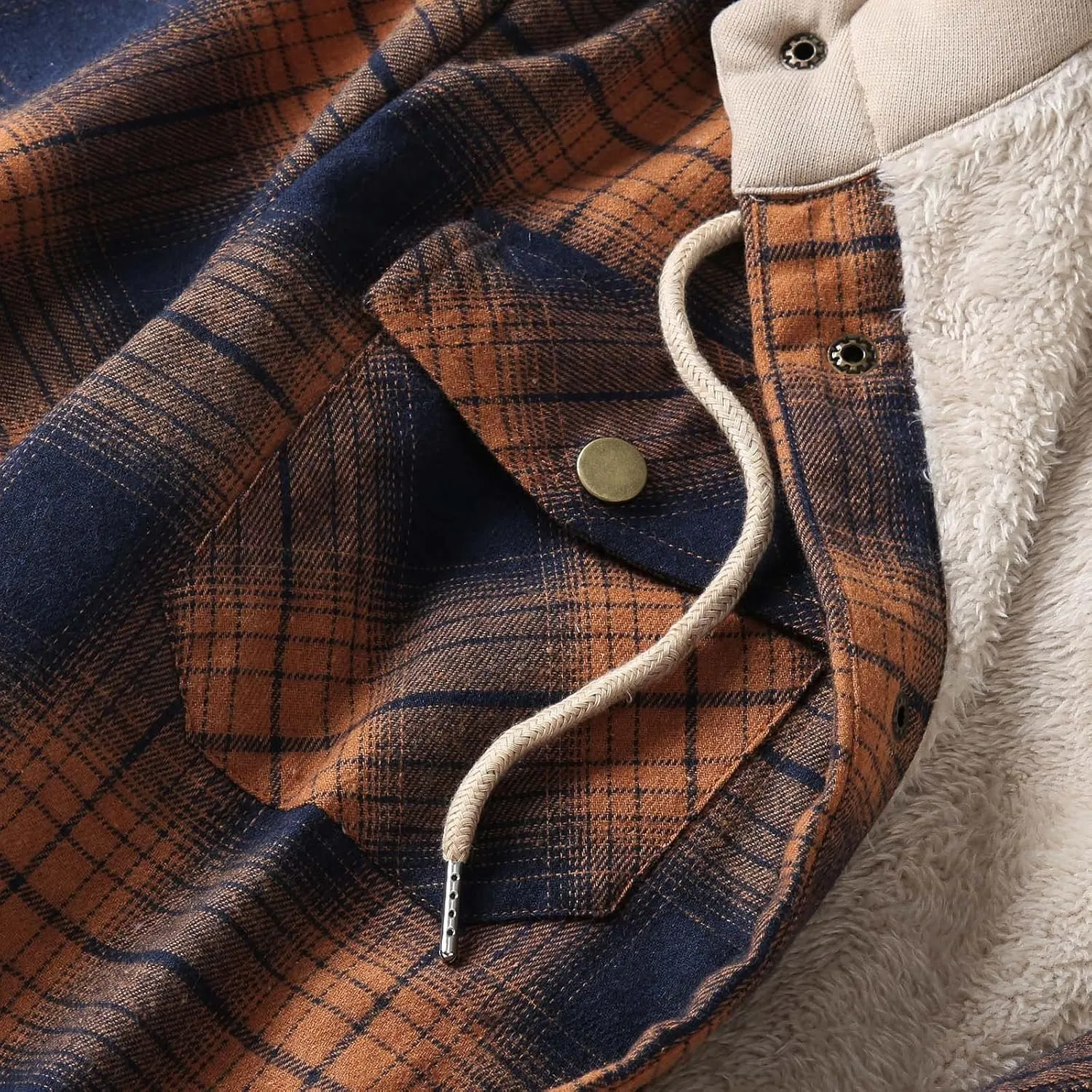 LCMTWX Mens Plaid Jacket Winter Large Plaid Pocket Hooded Loose Coat Plus Velvet Shirt Top Lightweight Shirt Jackets Casual